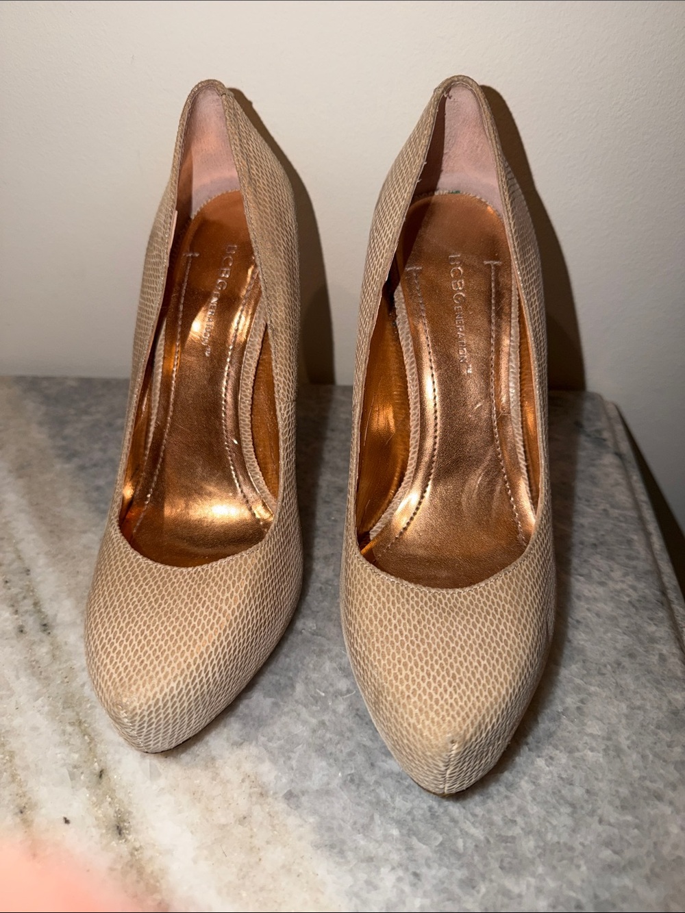 BCBGeneration Neutral Textured Pointed-Toe Pumps in Beige